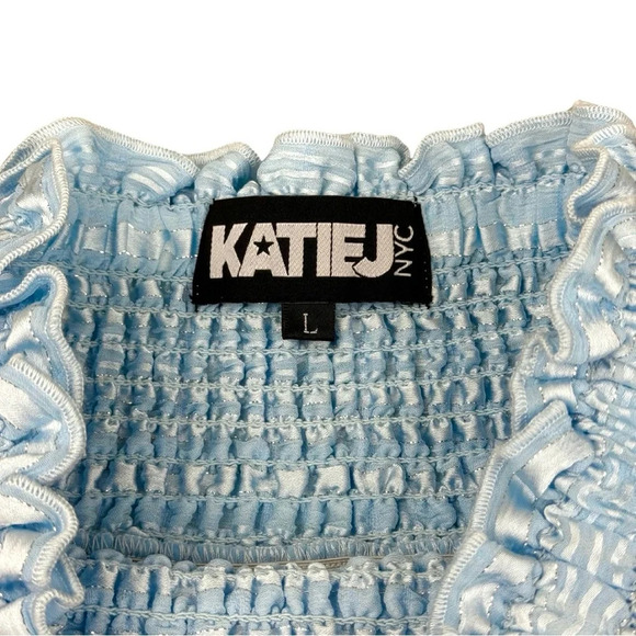 Katie J Blue Talia Smocked Tiered Ruffle Mini Skirt Large Metallic Lurex - Picture 5 of 6